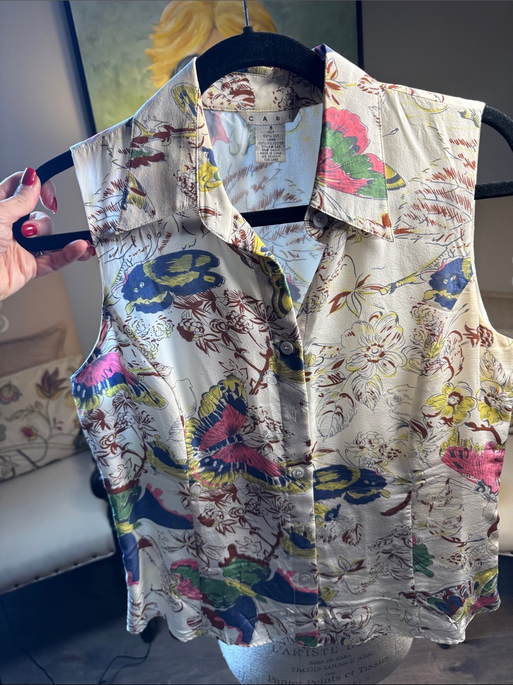 Cabi Sleeveless Collared Floral Button-Front Top - Multicolor with butterfly